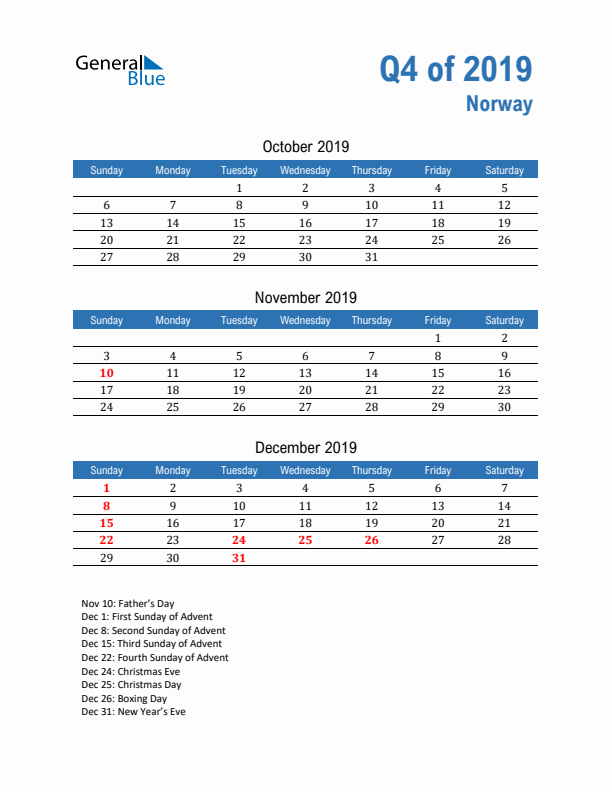 Norway Q4 2019 Quarterly Calendar with Sunday Start