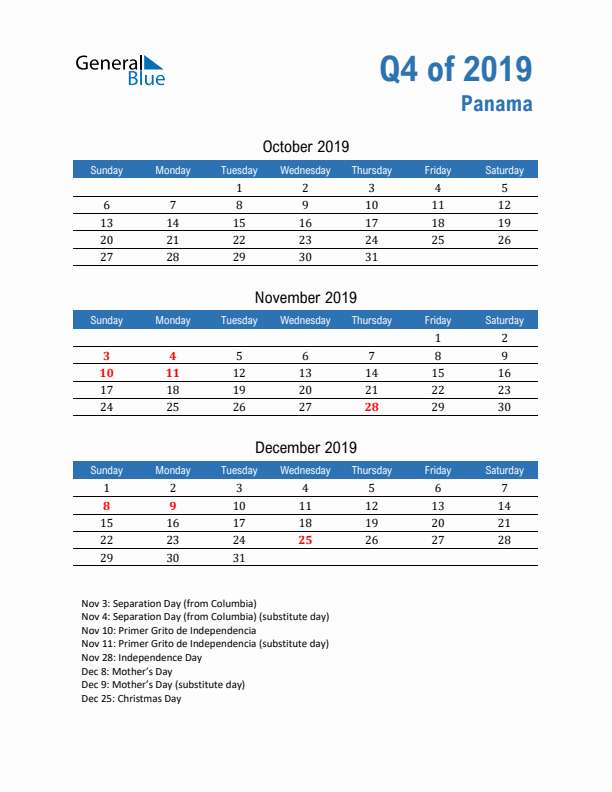 Panama Q4 2019 Quarterly Calendar with Sunday Start