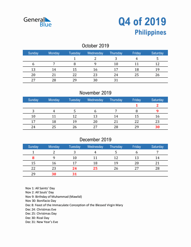 Philippines Q4 2019 Quarterly Calendar with Sunday Start