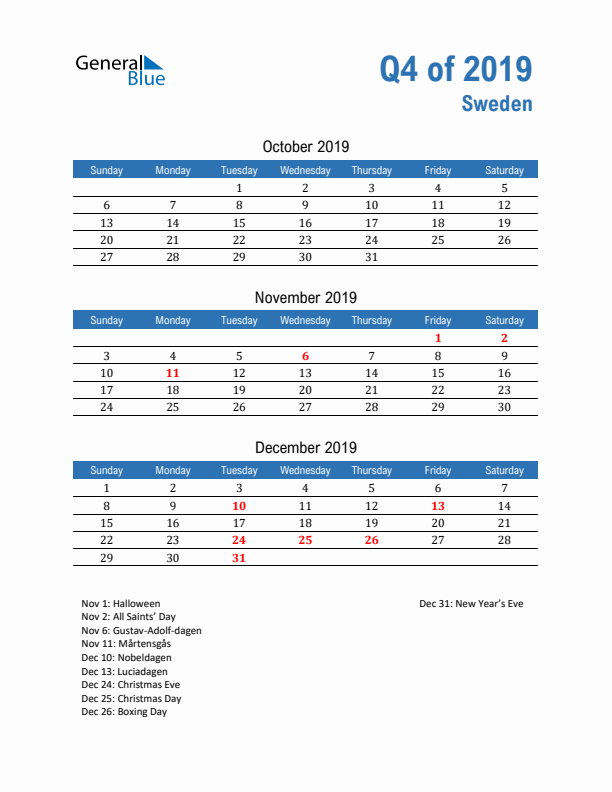 Sweden Q4 2019 Quarterly Calendar with Sunday Start