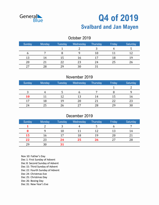 Svalbard and Jan Mayen Q4 2019 Quarterly Calendar with Sunday Start