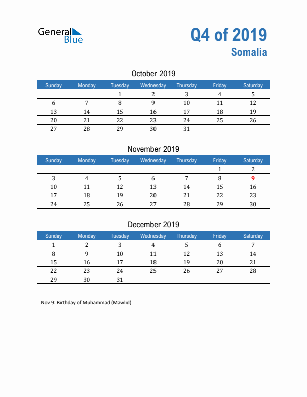 Somalia Q4 2019 Quarterly Calendar with Sunday Start