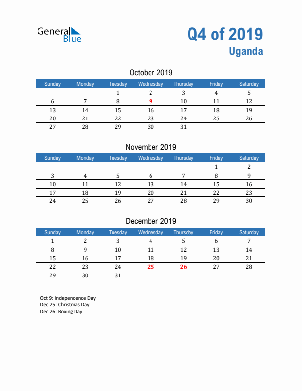 Uganda Q4 2019 Quarterly Calendar with Sunday Start