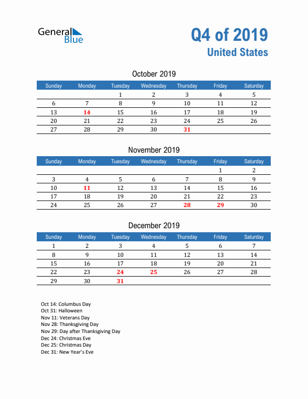 United States Q4 2019 Quarterly Calendar with Sunday Start