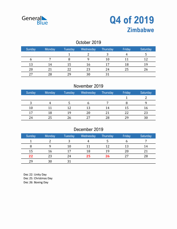 Zimbabwe Q4 2019 Quarterly Calendar with Sunday Start