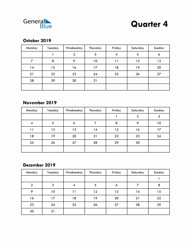 Quarter 4 2019 Calendar - Monday Start