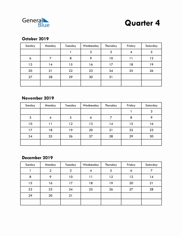 Quarter 4 2019 Calendar - Sunday Start