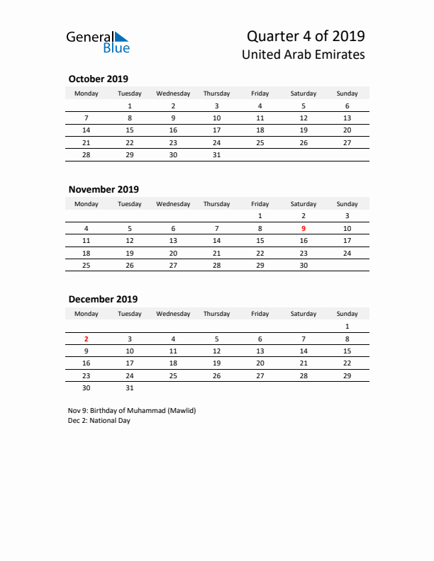 2019 Q4 Three-Month Calendar for United Arab Emirates