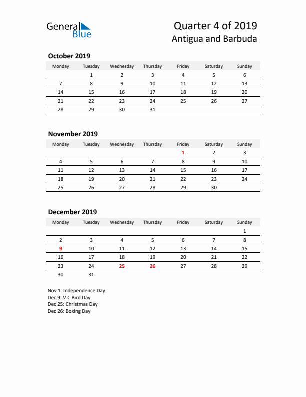 2019 Q4 Three-Month Calendar for Antigua and Barbuda