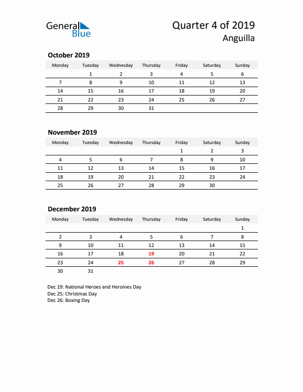 2019 Q4 Three-Month Calendar for Anguilla