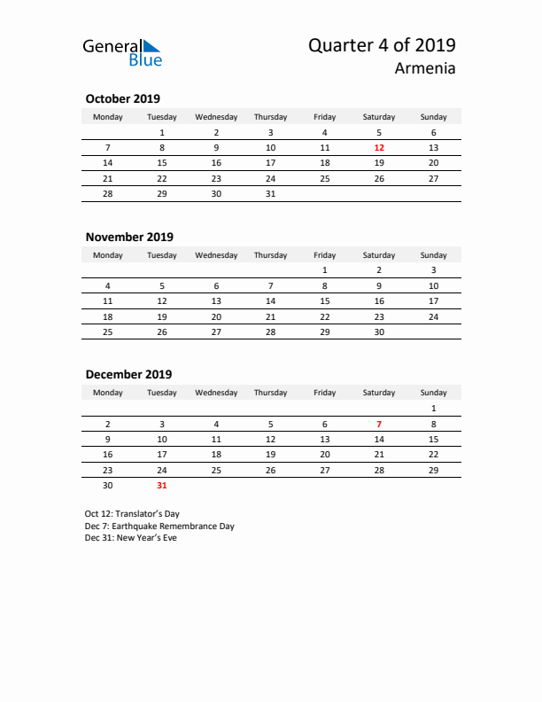 2019 Q4 Three-Month Calendar for Armenia