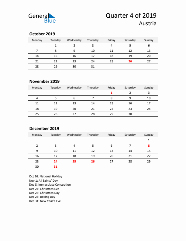 2019 Q4 Three-Month Calendar for Austria