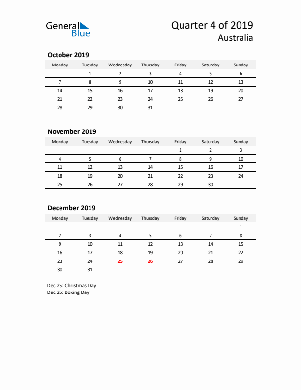 2019 Q4 Three-Month Calendar for Australia