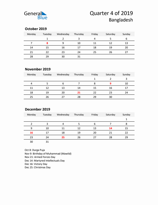 2019 Q4 Three-Month Calendar for Bangladesh