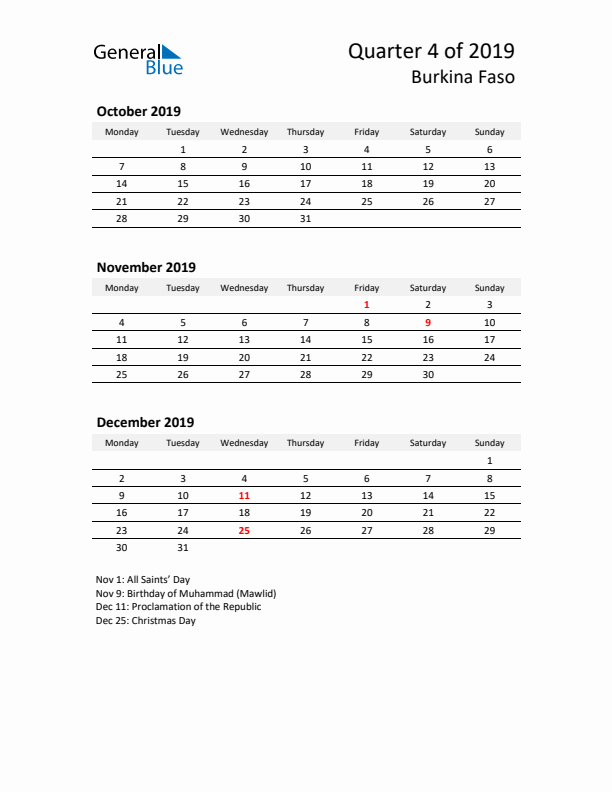 2019 Q4 Three-Month Calendar for Burkina Faso