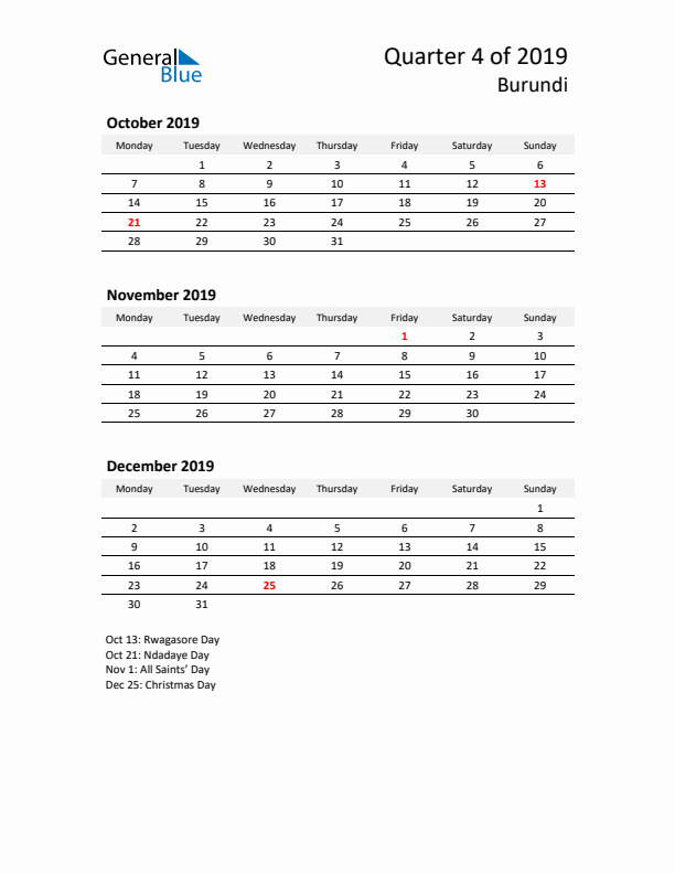 2019 Q4 Three-Month Calendar for Burundi