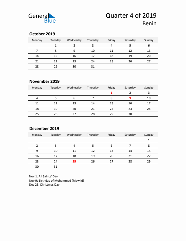 2019 Q4 Three-Month Calendar for Benin