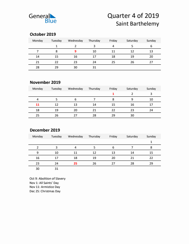 2019 Q4 Three-Month Calendar for Saint Barthelemy