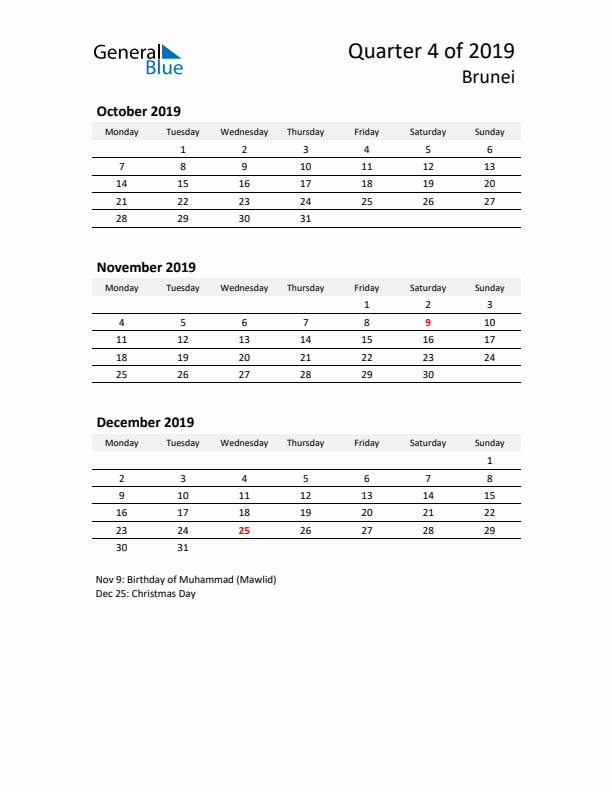 2019 Q4 Three-Month Calendar for Brunei