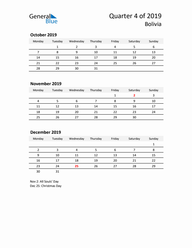 2019 Q4 Three-Month Calendar for Bolivia