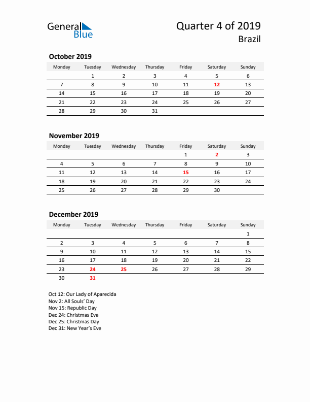 2019 Q4 Three-Month Calendar for Brazil