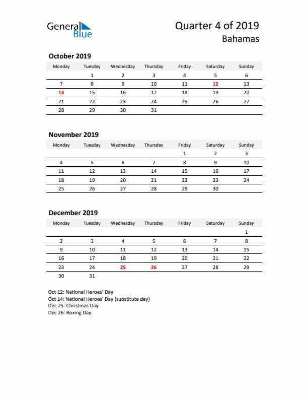 2019 Q4 Three-Month Calendar for Bahamas