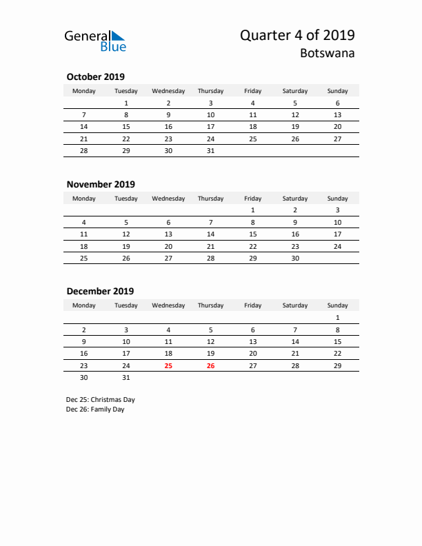 2019 Q4 Three-Month Calendar for Botswana