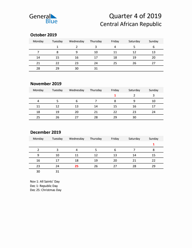 2019 Q4 Three-Month Calendar for Central African Republic