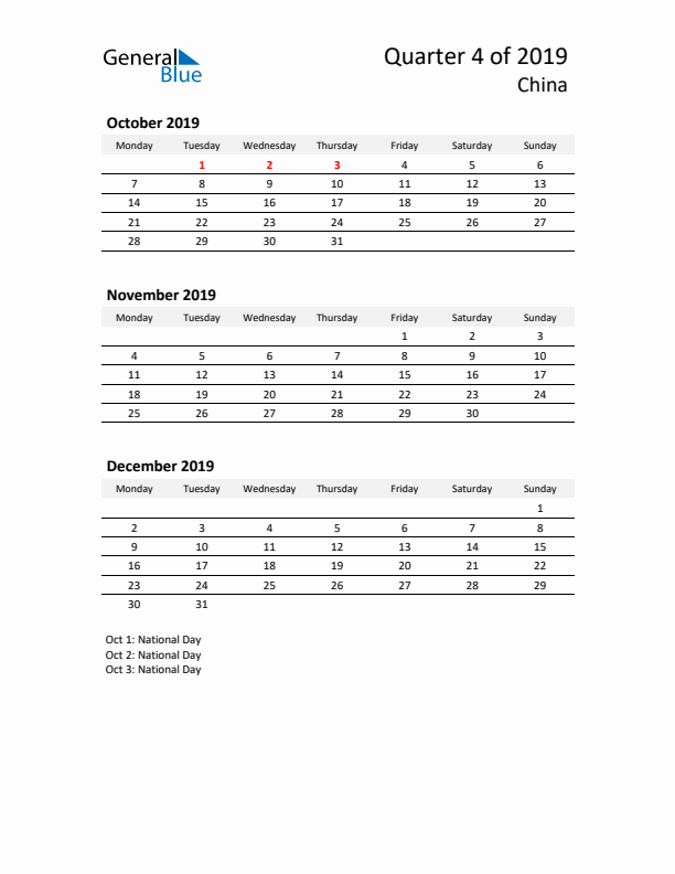 2019 Q4 Three-Month Calendar for China