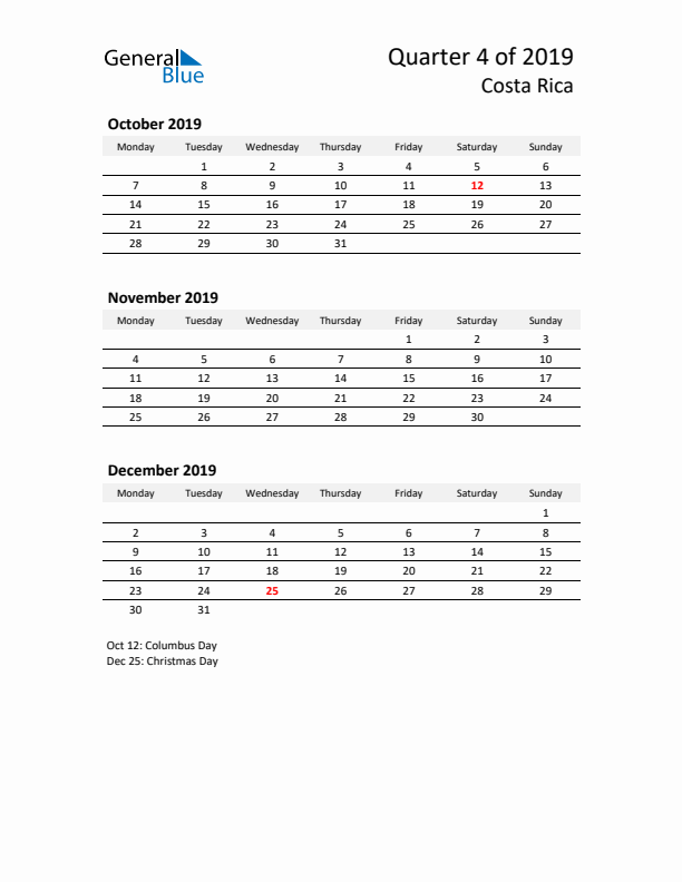 2019 Q4 Three-Month Calendar for Costa Rica