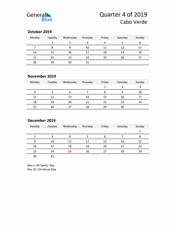 2019 Q4 Three-Month Calendar for Cabo Verde