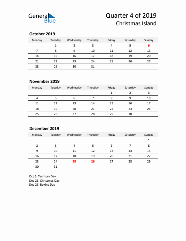 2019 Q4 Three-Month Calendar for Christmas Island