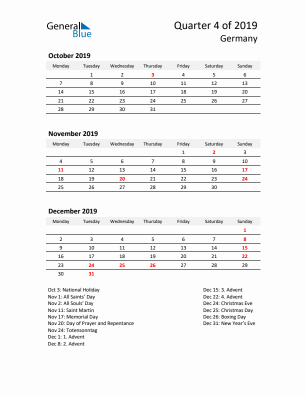 2019 Q4 Three-Month Calendar for Germany