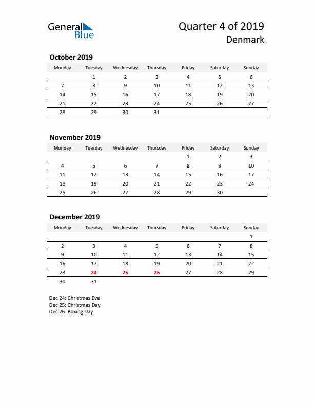 2019 Q4 Three-Month Calendar for Denmark