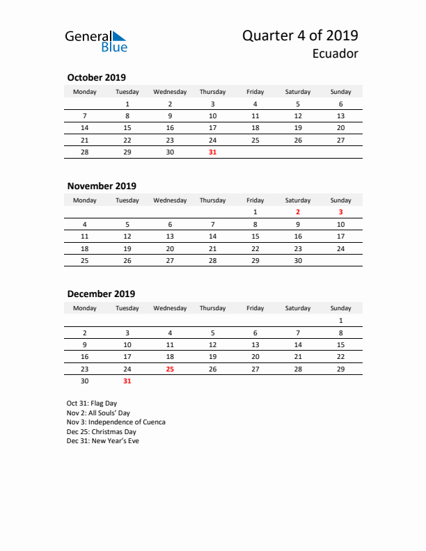 2019 Q4 Three-Month Calendar for Ecuador