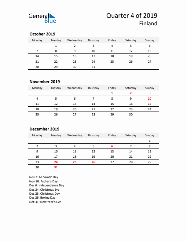 2019 Q4 Three-Month Calendar for Finland