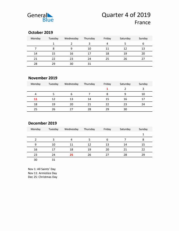 2019 Q4 Three-Month Calendar for France