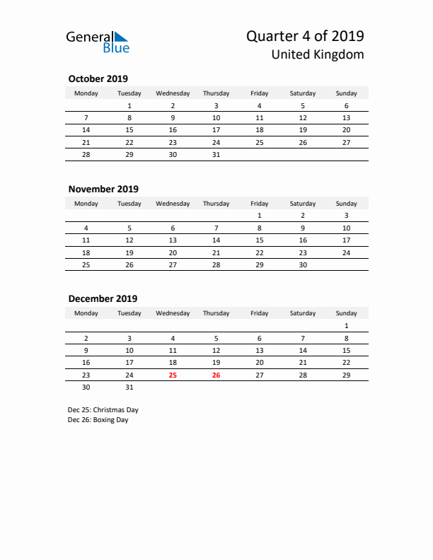 2019 Q4 Three-Month Calendar for United Kingdom