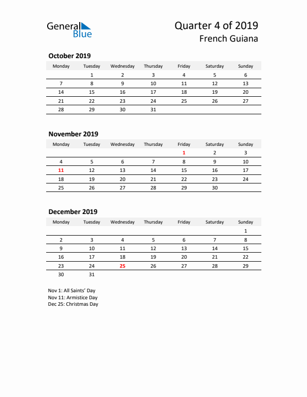 2019 Q4 Three-Month Calendar for French Guiana