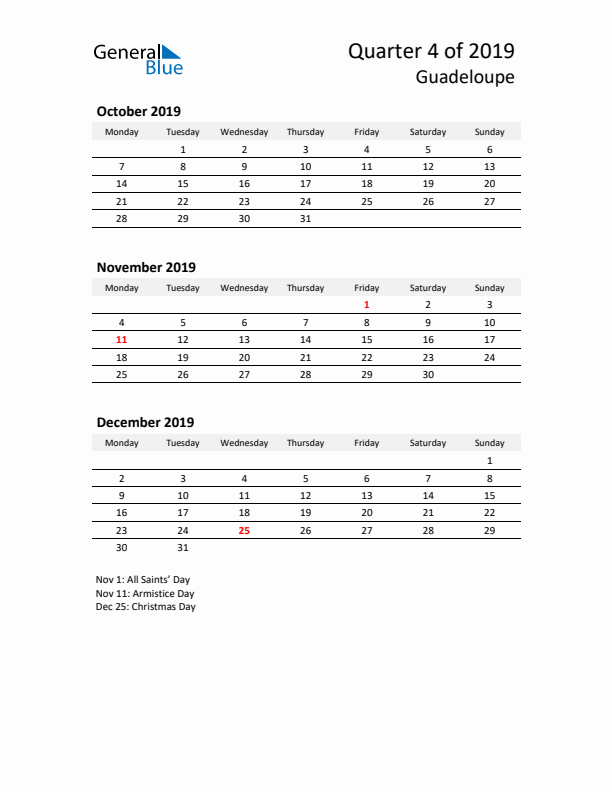 2019 Q4 Three-Month Calendar for Guadeloupe