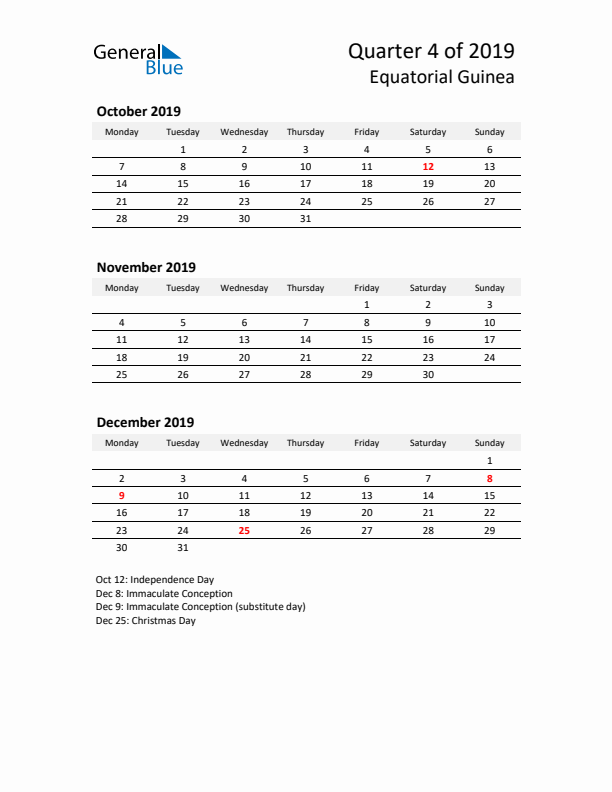 2019 Q4 Three-Month Calendar for Equatorial Guinea