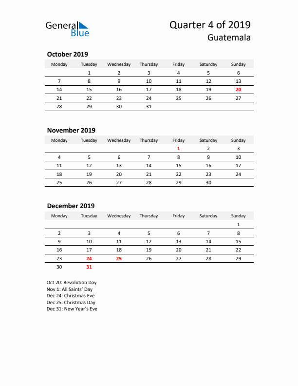 2019 Q4 Three-Month Calendar for Guatemala