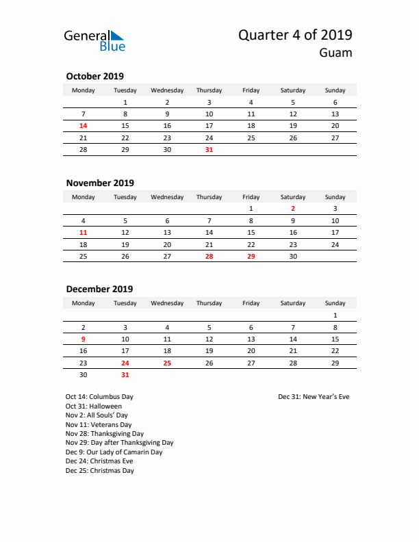 2019 Q4 Three-Month Calendar for Guam