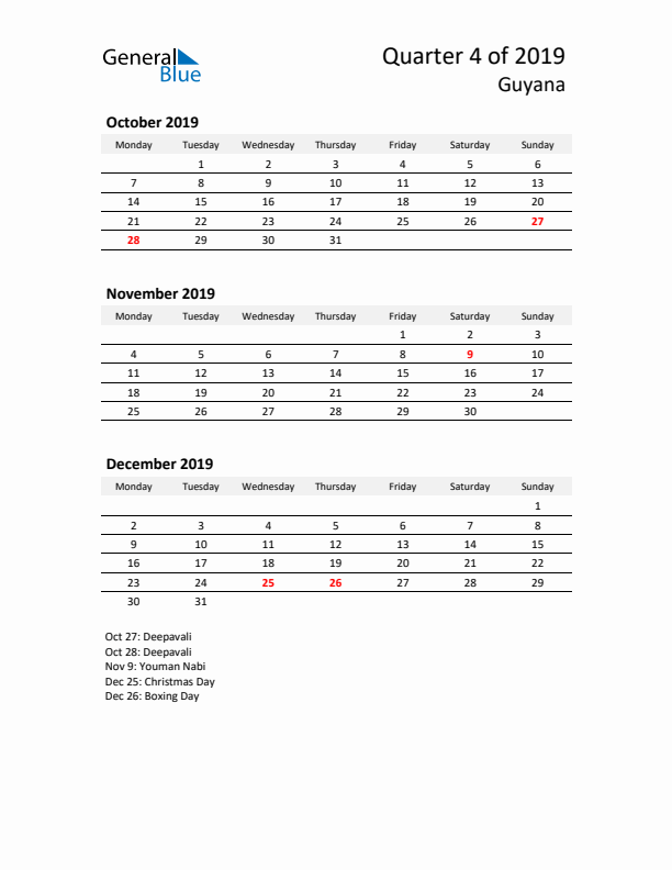 2019 Q4 Three-Month Calendar for Guyana