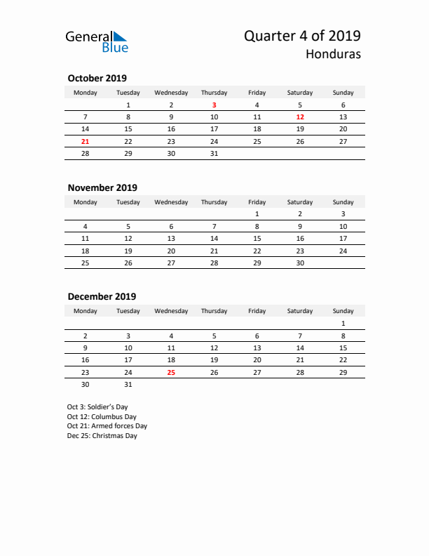 2019 Q4 Three-Month Calendar for Honduras