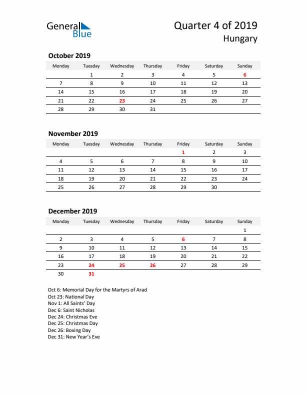 2019 Q4 Three-Month Calendar for Hungary