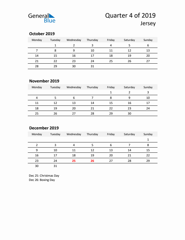 2019 Q4 Three-Month Calendar for Jersey