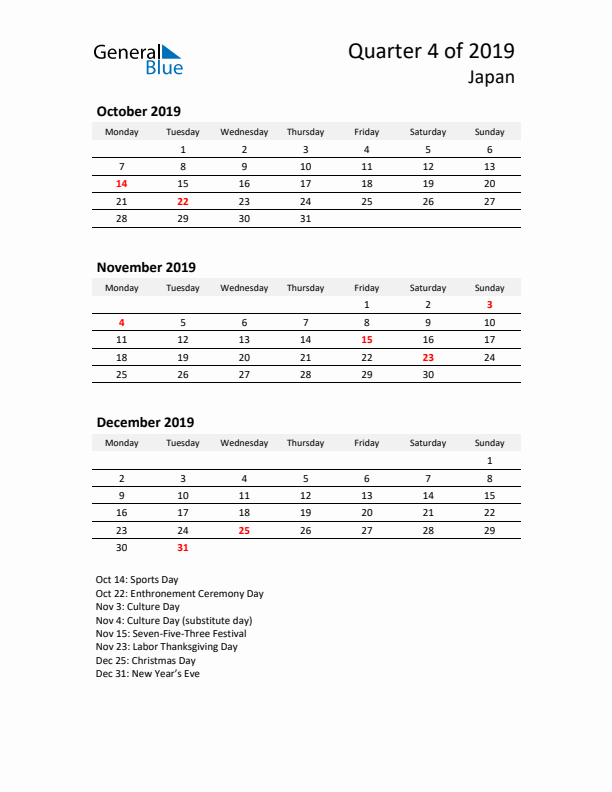 2019 Q4 Three-Month Calendar for Japan