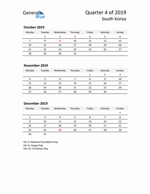 2019 Q4 Three-Month Calendar for South Korea