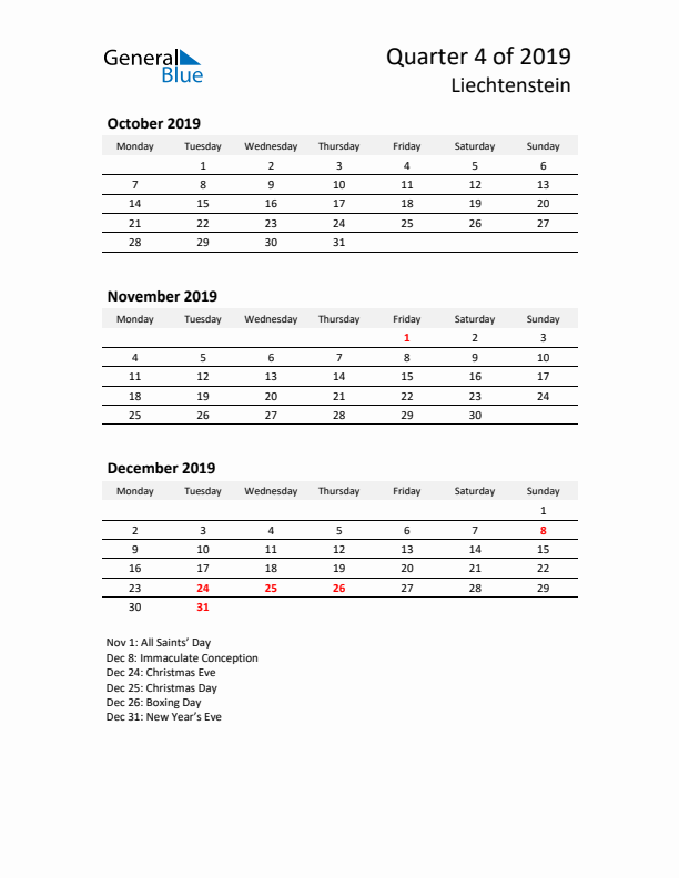 2019 Q4 Three-Month Calendar for Liechtenstein